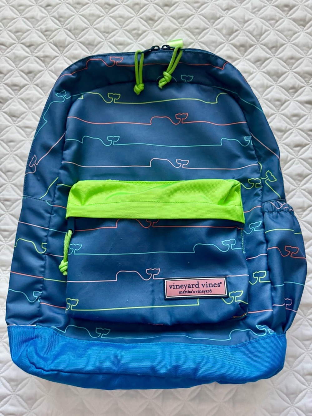 Vineyard Vines Kids School Daycare Backpack Bookbag Neon Green Whale Blue Lines - Picture 1 of 15